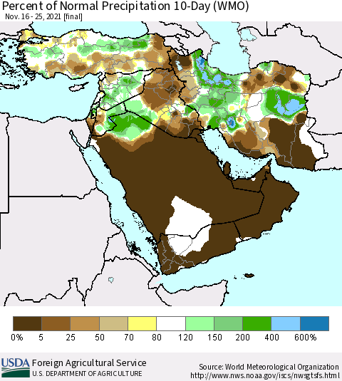 Middle East and Turkey Percent of Normal Precipitation 10-Day (WMO) Thematic Map For 11/16/2021 - 11/25/2021