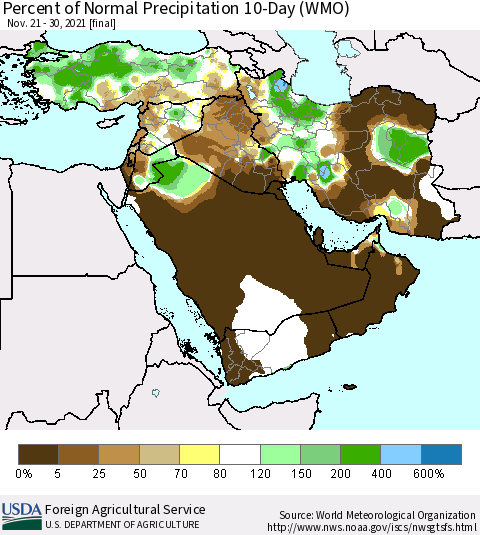 Middle East and Turkey Percent of Normal Precipitation 10-Day (WMO) Thematic Map For 11/21/2021 - 11/30/2021