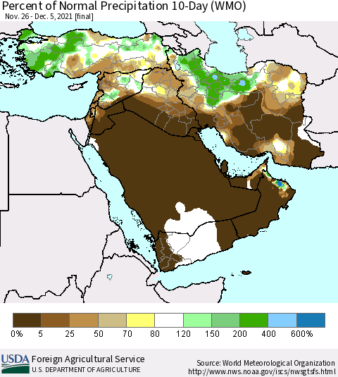 Middle East and Turkey Percent of Normal Precipitation 10-Day (WMO) Thematic Map For 11/26/2021 - 12/5/2021