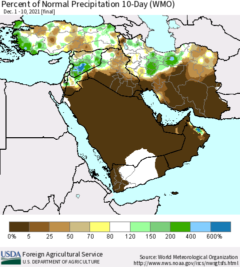 Middle East and Turkey Percent of Normal Precipitation 10-Day (WMO) Thematic Map For 12/1/2021 - 12/10/2021
