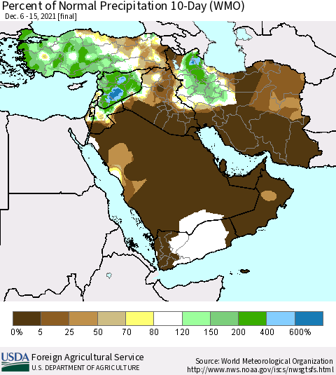 Middle East and Turkey Percent of Normal Precipitation 10-Day (WMO) Thematic Map For 12/6/2021 - 12/15/2021