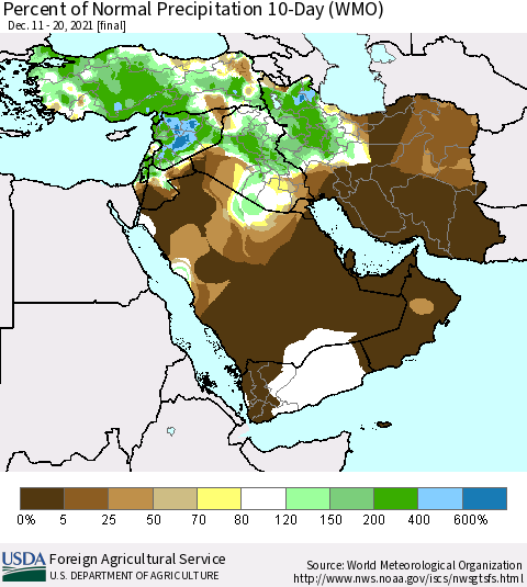 Middle East and Turkey Percent of Normal Precipitation 10-Day (WMO) Thematic Map For 12/11/2021 - 12/20/2021