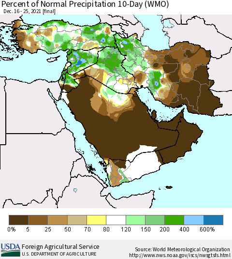 Middle East and Turkey Percent of Normal Precipitation 10-Day (WMO) Thematic Map For 12/16/2021 - 12/25/2021