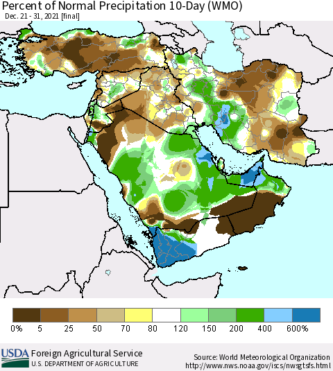 Middle East and Turkey Percent of Normal Precipitation 10-Day (WMO) Thematic Map For 12/21/2021 - 12/31/2021