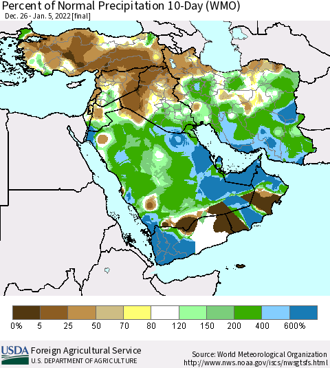 Middle East and Turkey Percent of Normal Precipitation 10-Day (WMO) Thematic Map For 12/26/2021 - 1/5/2022