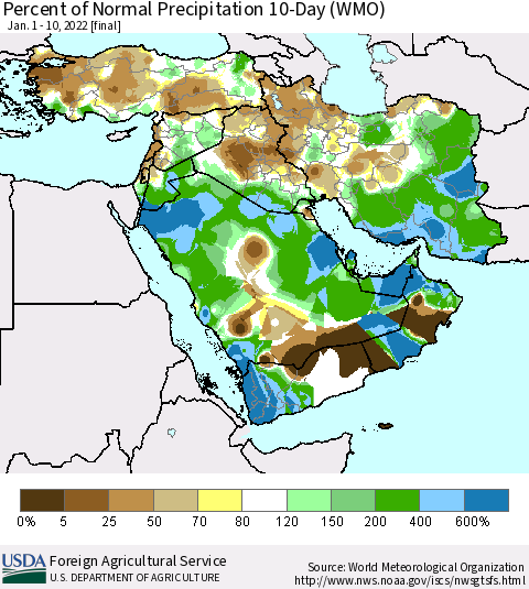 Middle East and Turkey Percent of Normal Precipitation 10-Day (WMO) Thematic Map For 1/1/2022 - 1/10/2022