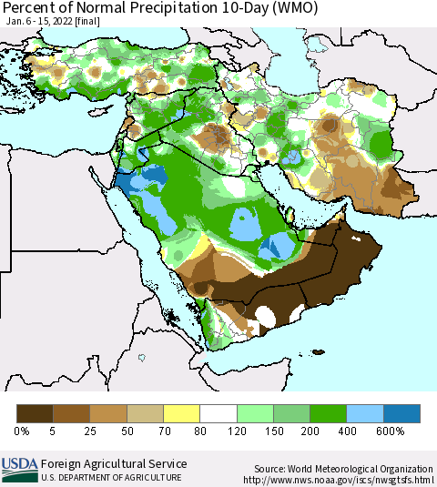 Middle East and Turkey Percent of Normal Precipitation 10-Day (WMO) Thematic Map For 1/6/2022 - 1/15/2022