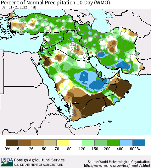 Middle East and Turkey Percent of Normal Precipitation 10-Day (WMO) Thematic Map For 1/11/2022 - 1/20/2022