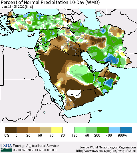 Middle East and Turkey Percent of Normal Precipitation 10-Day (WMO) Thematic Map For 1/16/2022 - 1/25/2022
