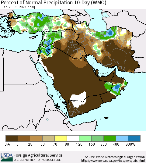 Middle East and Turkey Percent of Normal Precipitation 10-Day (WMO) Thematic Map For 1/21/2022 - 1/31/2022