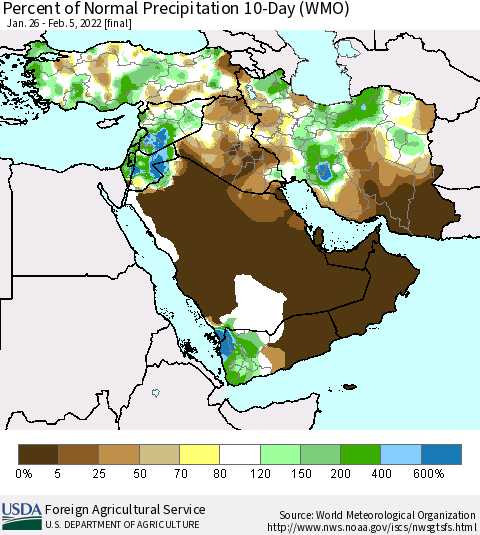 Middle East and Turkey Percent of Normal Precipitation 10-Day (WMO) Thematic Map For 1/26/2022 - 2/5/2022