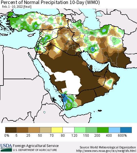 Middle East and Turkey Percent of Normal Precipitation 10-Day (WMO) Thematic Map For 2/1/2022 - 2/10/2022
