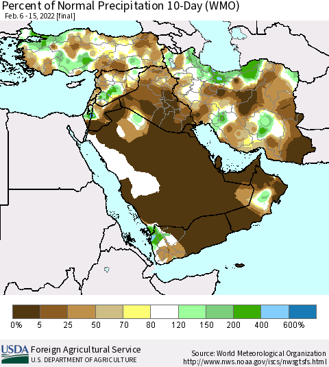 Middle East and Turkey Percent of Normal Precipitation 10-Day (WMO) Thematic Map For 2/6/2022 - 2/15/2022