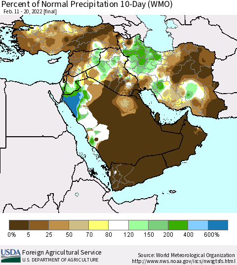Middle East and Turkey Percent of Normal Precipitation 10-Day (WMO) Thematic Map For 2/11/2022 - 2/20/2022