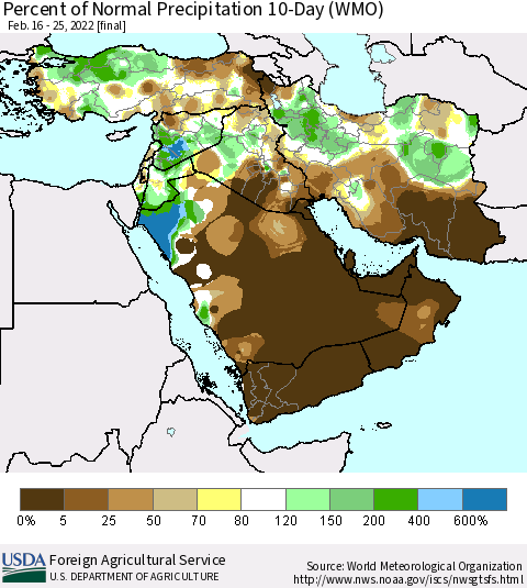 Middle East and Turkey Percent of Normal Precipitation 10-Day (WMO) Thematic Map For 2/16/2022 - 2/25/2022