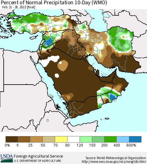 Middle East and Turkey Percent of Normal Precipitation 10-Day (WMO) Thematic Map For 2/21/2022 - 2/28/2022