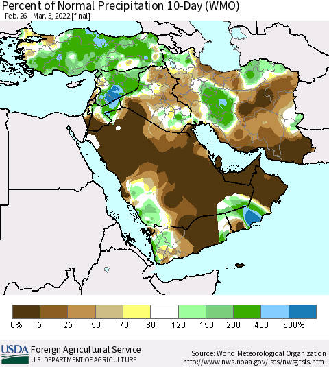 Middle East and Turkey Percent of Normal Precipitation 10-Day (WMO) Thematic Map For 2/26/2022 - 3/5/2022