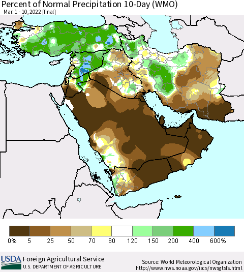 Middle East and Turkey Percent of Normal Precipitation 10-Day (WMO) Thematic Map For 3/1/2022 - 3/10/2022