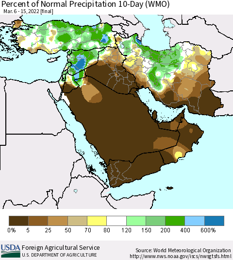 Middle East and Turkey Percent of Normal Precipitation 10-Day (WMO) Thematic Map For 3/6/2022 - 3/15/2022