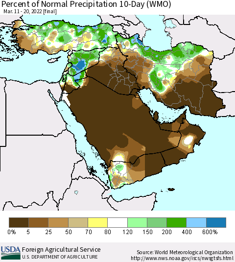 Middle East and Turkey Percent of Normal Precipitation 10-Day (WMO) Thematic Map For 3/11/2022 - 3/20/2022