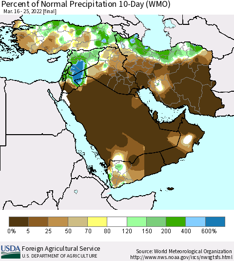 Middle East and Turkey Percent of Normal Precipitation 10-Day (WMO) Thematic Map For 3/16/2022 - 3/25/2022