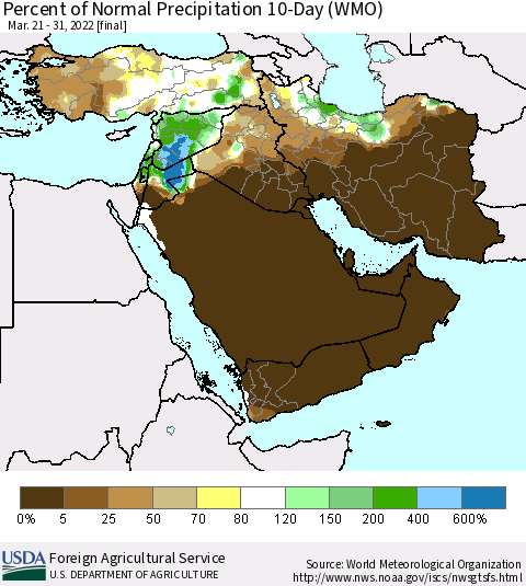 Middle East and Turkey Percent of Normal Precipitation 10-Day (WMO) Thematic Map For 3/21/2022 - 3/31/2022