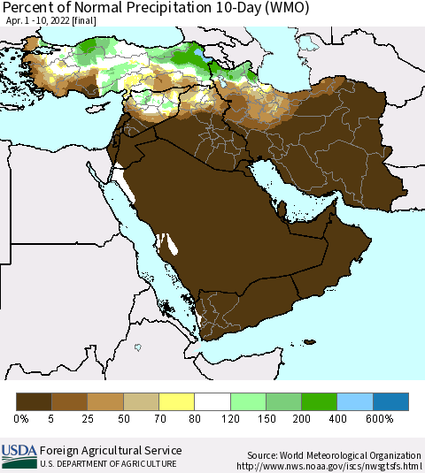 Middle East and Turkey Percent of Normal Precipitation 10-Day (WMO) Thematic Map For 4/1/2022 - 4/10/2022