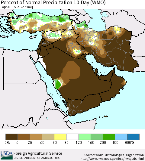 Middle East and Turkey Percent of Normal Precipitation 10-Day (WMO) Thematic Map For 4/6/2022 - 4/15/2022