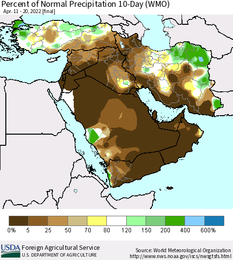 Middle East and Turkey Percent of Normal Precipitation 10-Day (WMO) Thematic Map For 4/11/2022 - 4/20/2022