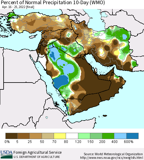 Middle East and Turkey Percent of Normal Precipitation 10-Day (WMO) Thematic Map For 4/16/2022 - 4/25/2022