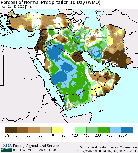 Middle East and Turkey Percent of Normal Precipitation 10-Day (WMO) Thematic Map For 4/21/2022 - 4/30/2022