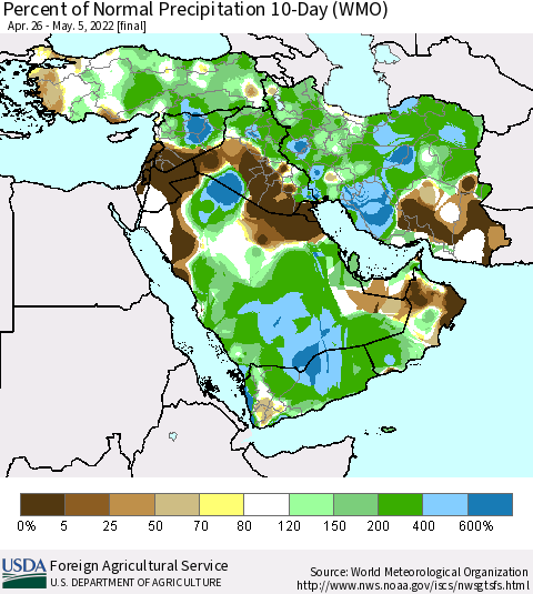 Middle East and Turkey Percent of Normal Precipitation 10-Day (WMO) Thematic Map For 4/26/2022 - 5/5/2022