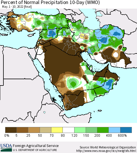 Middle East and Turkey Percent of Normal Precipitation 10-Day (WMO) Thematic Map For 5/1/2022 - 5/10/2022