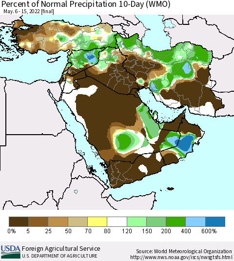Middle East and Turkey Percent of Normal Precipitation 10-Day (WMO) Thematic Map For 5/6/2022 - 5/15/2022