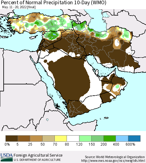 Middle East and Turkey Percent of Normal Precipitation 10-Day (WMO) Thematic Map For 5/11/2022 - 5/20/2022