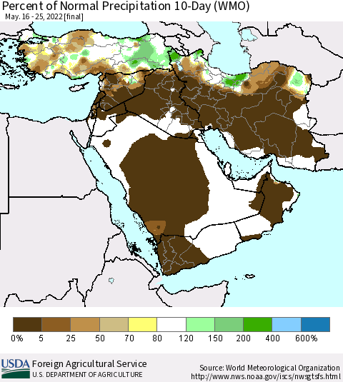 Middle East and Turkey Percent of Normal Precipitation 10-Day (WMO) Thematic Map For 5/16/2022 - 5/25/2022