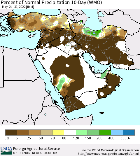 Middle East and Turkey Percent of Normal Precipitation 10-Day (WMO) Thematic Map For 5/21/2022 - 5/31/2022