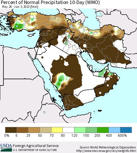 Middle East and Turkey Percent of Normal Precipitation 10-Day (WMO) Thematic Map For 5/26/2022 - 6/5/2022