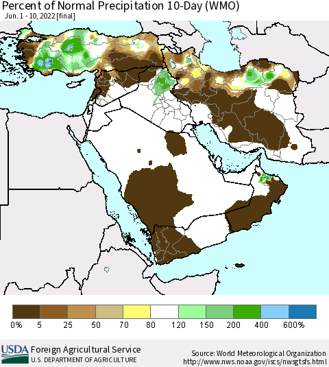Middle East and Turkey Percent of Normal Precipitation 10-Day (WMO) Thematic Map For 6/1/2022 - 6/10/2022
