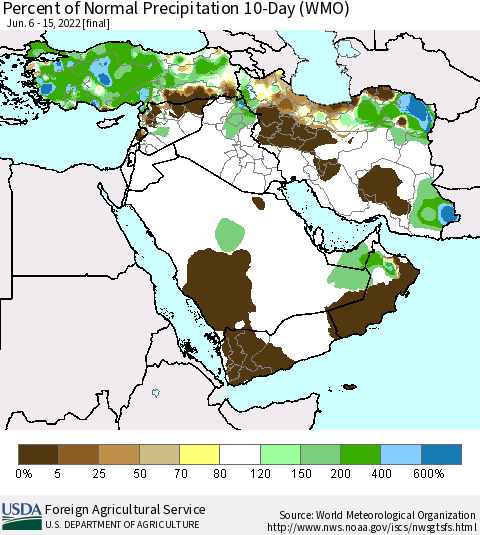 Middle East and Turkey Percent of Normal Precipitation 10-Day (WMO) Thematic Map For 6/6/2022 - 6/15/2022