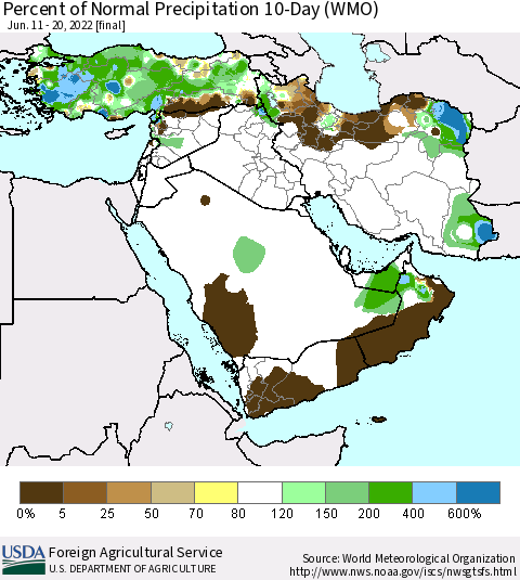 Middle East and Turkey Percent of Normal Precipitation 10-Day (WMO) Thematic Map For 6/11/2022 - 6/20/2022