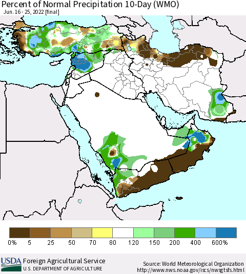 Middle East and Turkey Percent of Normal Precipitation 10-Day (WMO) Thematic Map For 6/16/2022 - 6/25/2022