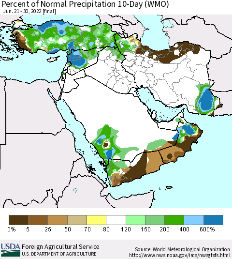 Middle East and Turkey Percent of Normal Precipitation 10-Day (WMO) Thematic Map For 6/21/2022 - 6/30/2022