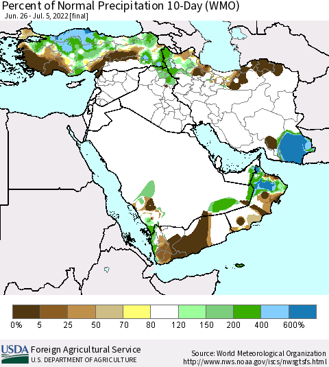 Middle East and Turkey Percent of Normal Precipitation 10-Day (WMO) Thematic Map For 6/26/2022 - 7/5/2022