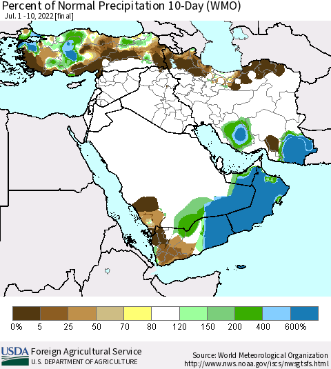Middle East and Turkey Percent of Normal Precipitation 10-Day (WMO) Thematic Map For 7/1/2022 - 7/10/2022