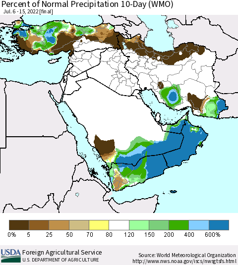 Middle East and Turkey Percent of Normal Precipitation 10-Day (WMO) Thematic Map For 7/6/2022 - 7/15/2022