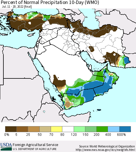 Middle East and Turkey Percent of Normal Precipitation 10-Day (WMO) Thematic Map For 7/11/2022 - 7/20/2022