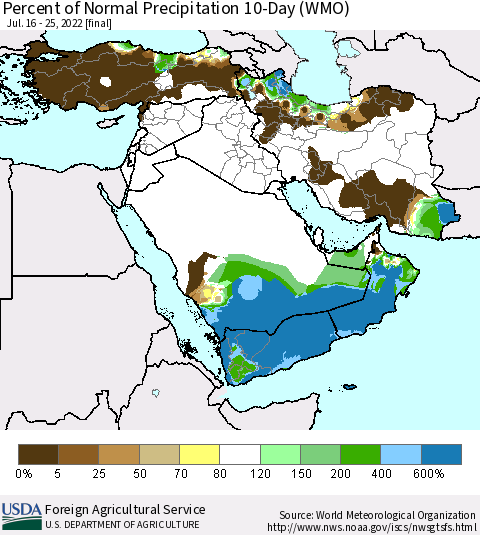 Middle East and Turkey Percent of Normal Precipitation 10-Day (WMO) Thematic Map For 7/16/2022 - 7/25/2022