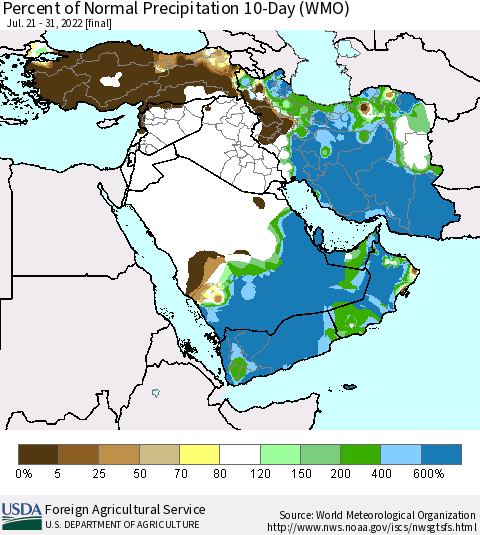 Middle East and Turkey Percent of Normal Precipitation 10-Day (WMO) Thematic Map For 7/21/2022 - 7/31/2022