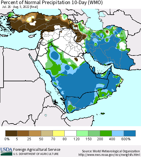 Middle East and Turkey Percent of Normal Precipitation 10-Day (WMO) Thematic Map For 7/26/2022 - 8/5/2022